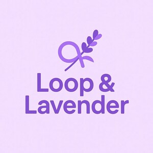 May include: A logo design featuring the text "Loop & Lavender" in a deep purple font. Above the text is a purple graphic of a stylized lavender sprig and a loop design, all set against a light purple background.
