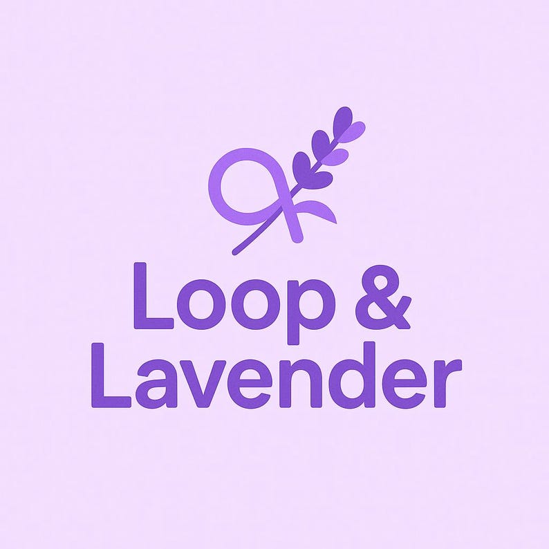 May include: A logo design featuring the text "Loop & Lavender" in a deep purple font. Above the text is a purple graphic of a stylized lavender sprig and a loop design, all set against a light purple background.
