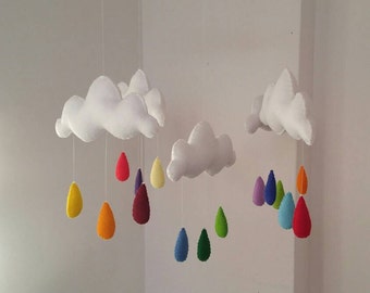 Clouds and raindrops nursery mobile, baby mobile- rainbow raindrops nursery mobile