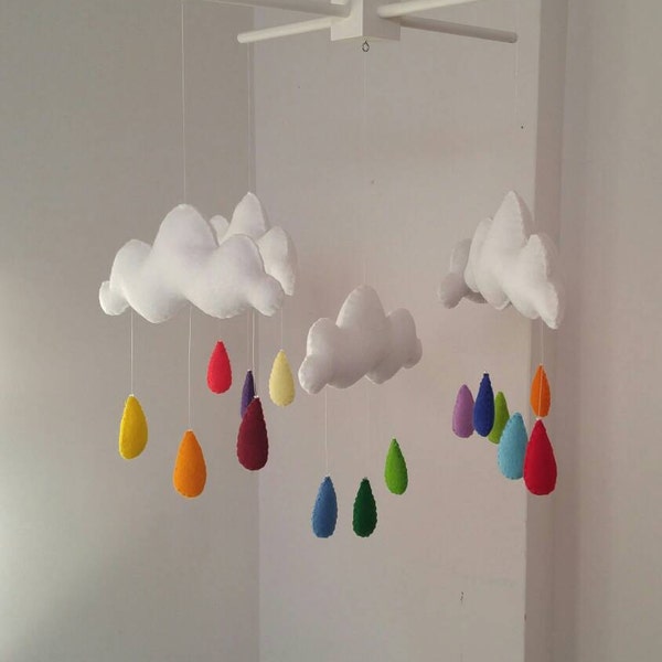 Clouds and raindrops nursery mobile, baby mobile- rainbow raindrops nursery mobile