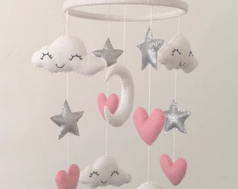 Baby mobile, star nursery mobile , cloud mobile, pink hearts, silver stars and smiling clouds baby girl nursery mobile, baby shower gift