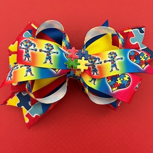 Autism Awareness Stacked Hair Bow/Gift Bow