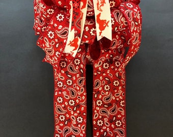 Western Bandana Theme Gift Bow for Gift Box, Gift Basket, Wreath, Door or Wall Hanging in Red and White - 7" x 14"