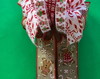 Gingerbread Holiday Gift Bow for Gift Box, Gift Basket, Wreath, Door or Wall Hanging in White, Red and Tan - 7" x 14"