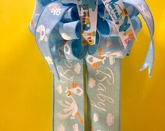 It's a Boy Gift Bow for Gift Box, Gift Basket, Wreath, Door or Wall Hanging in Blue and White - 7" x 14"