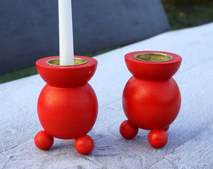 2 X Vintage Red Wooden Candle Holders Swedish Natural Handmade