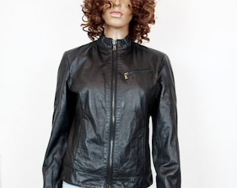 Vintage Black Leather Blazer: Retro Genuine Leather Jacket, Size S