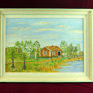 Original vintage painting.Landscapes painting. Original art Scandinavian. Norwegian autumn landscape