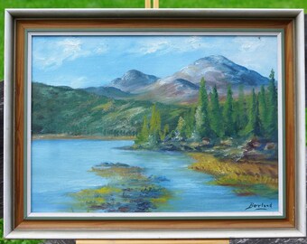 Original Swedish vintage Oil painting, fjord landscape, Painting on canvas Original signed painting, Original artwork
