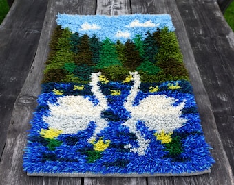 Vintage Swedish Wool Wall Hanging: Rustic Swan Tapestry