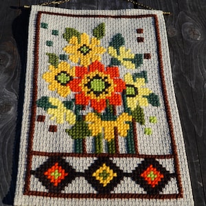 Vintage Swedish Wool Embroidery Wall Hanging: Floral Folk Art Decor