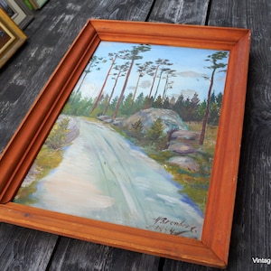 Original 1944 Swedish vintage oil painting, Still life Landscape, Painting on wood Original signed painting, An original work of art