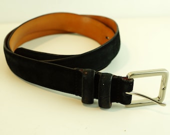 Vintage Black Suede Leather Belt: Solid Brass Buckle, Made in Italy