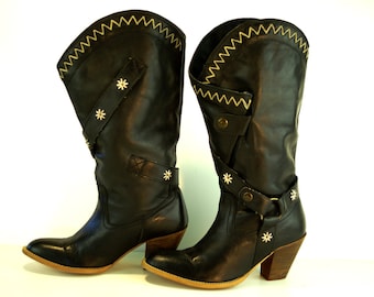 Bronx Leather Cowboy Boots: Embroidered Riveted Heeled Tall Boots EU 38