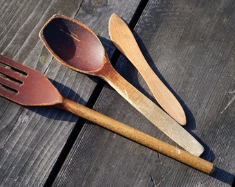 Wood spoons set. 3 Antique Primitive Swedish Wooden Spoons Hand Carved, Primitive Country Kitchen decor. Kitchen Tools. Cooking Spoons
