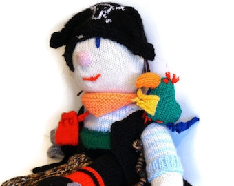 Doll - Pirate man.Lovely Hand Knit man with parrot. 16 inches.Original Gift for boy.Knitted toy.Colorful doll.Soft big,positive,Multicolored