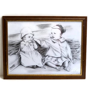 Swedish vintage pencil painting featuring two children Boy Girl Hand painted pencil drawing Original Graphite painting Original sketch art