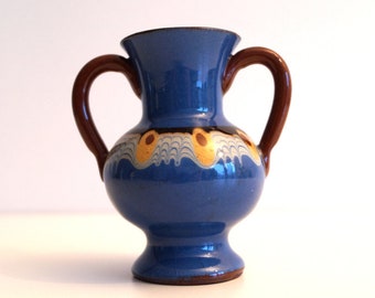 西ドイツの陶器の花瓶 - 斑点のある青灰色の釉薬と黄色の内側 (4.75