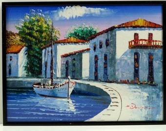 Vintage Italian Oil Painting: Boat Yacht Landscape, Signed Artwork