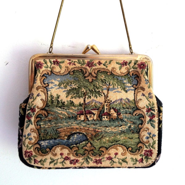 Tapestry Bag, 1950s, Elegant Vintage Bag Purse petit point purse tapestry purse PRINCESS Made in Germany. Glamour cocktail clutch with chain