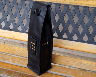 Bag for bottles Bottles case Unique Vintage Travel Leather Bag Handmade Black genuine leather bottle bag Special carrying case for a bottle