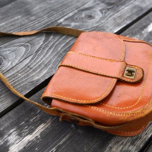 Shoulder Bag,Vintage Embossed Genuine Leather Bag,Handmade Hand bag, Saddle Bag,Brown Leather Handbag.Very rare Nordic bag. Cognac color bag