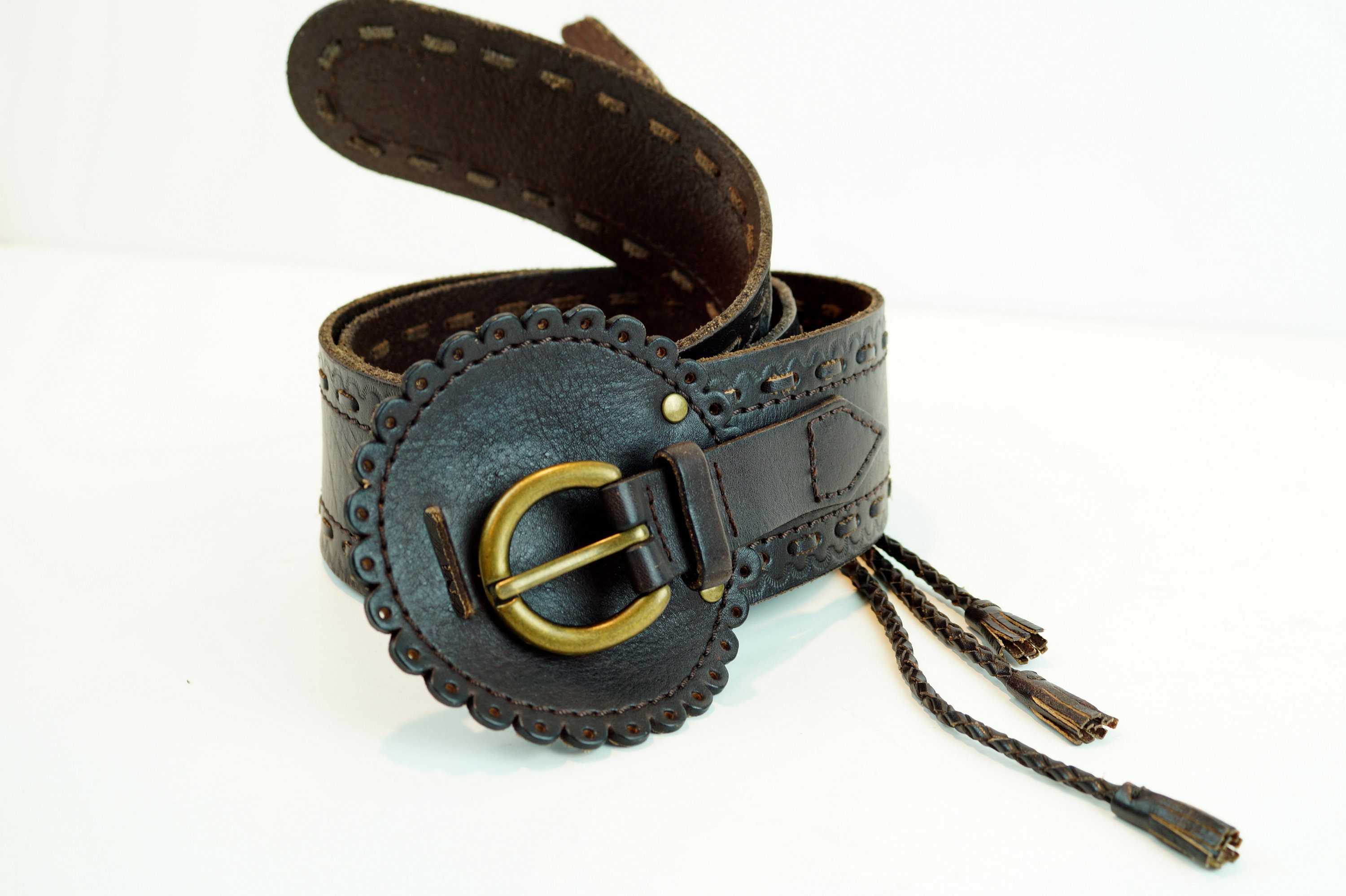 Vintage Brown Leather Belt: Thick Wide Woven Retro Accessory 