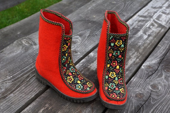 Vintage leather ankle boots Red womens Nordic Wint