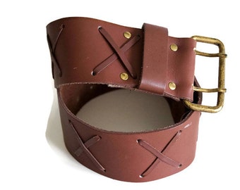 Wide Brown Leather Belt: Vintage Brass Buckle, Boho Accessory