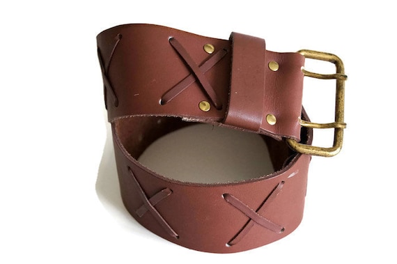 Vintage Brown Leather Belt Wide Brass Buckle Waist Boho Size M Vintage Ralph Lauren Brown Leather Brass Buckle Woven Belt M  main image 3