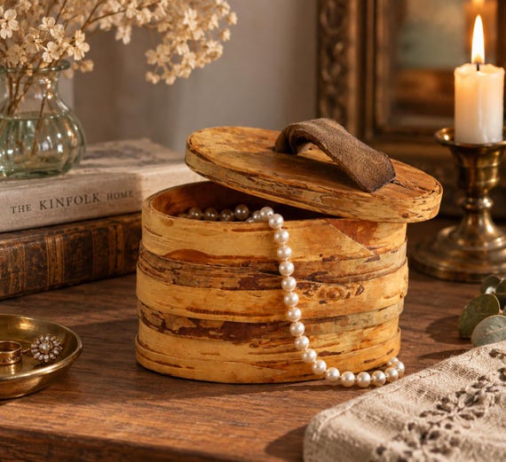Actual vintage Swedish birch bark box — the kind of tactile, nature-meets-folk-craft object that looks like it came from a Nordic forest cabin.