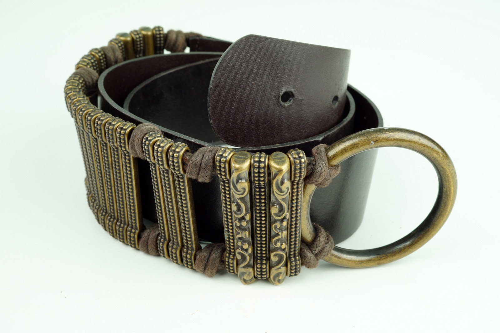 Brown Multi-Row Waist Belt with Antique Brass Chains 128” Belt Two Row Stitch Thick Leather Belt - Antique Brass Buckle  main image 4