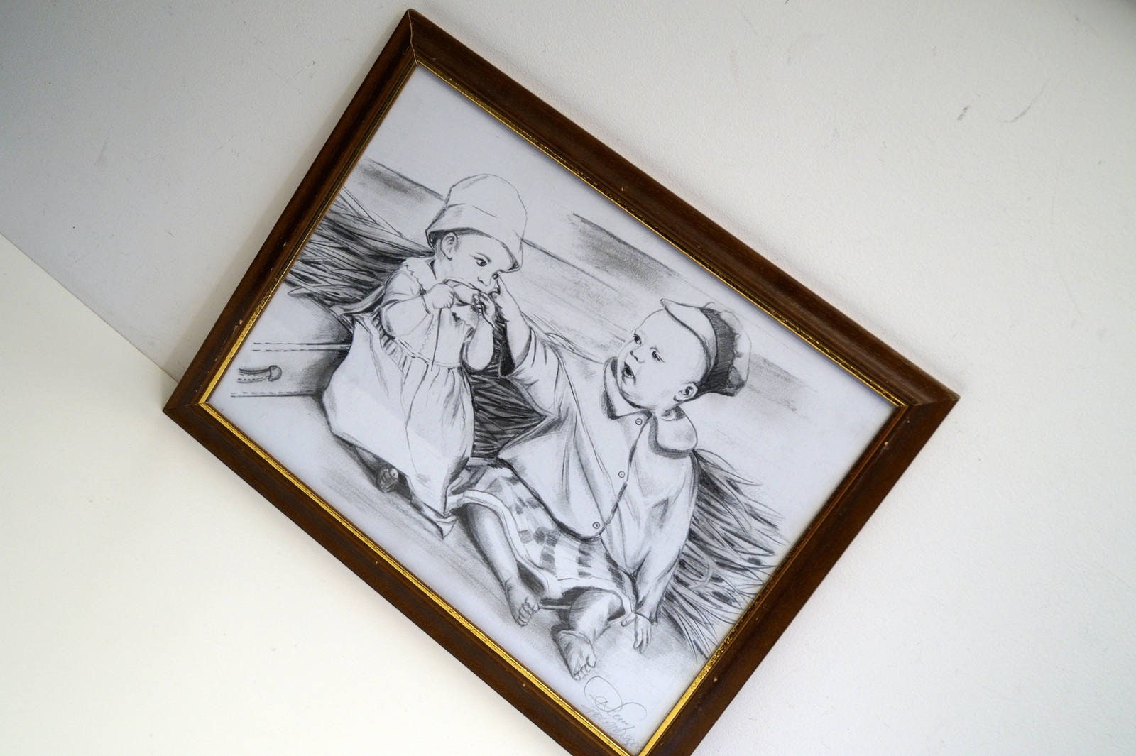 スウェーデンのヴィンテージ鉛筆画：子供の肖像画、オリジナルの 