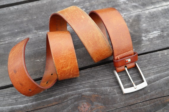 Vintage Distressed Leather Belt with Chunky Brass Buckle 90s Thick Brown Leather Heavy Duty Belt 1990s Vintage  main image 3