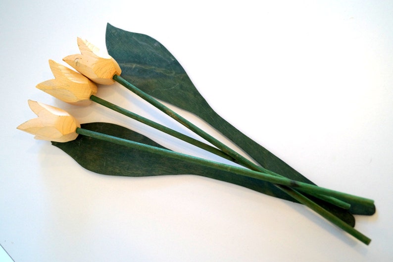 3x Vintage Swedish Wood Flowers Colorful yellow Yellow Wooden Tulip Handcrafted Scandinavian Home Decor Swedish wooden Flowers home decor