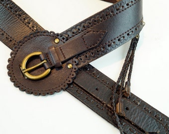 Vintage Brown Leather Belt: Thick Wide Woven Retro Accessory