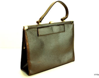 Vintage Brown Leather Handbag: 1950s Classic Design Purse