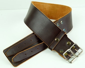 Vintage Brown leather belt. Very thick wide  real leather belt Genuine leather belt with golden brass buckle Retro leather accessory
