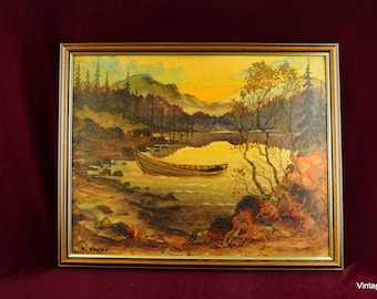 Vintage Norwegian Landscape Painting: Framed Boat Art