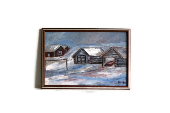 スウェーデンの冬の風景画：額入りヴィンテージスカンジナビアアート