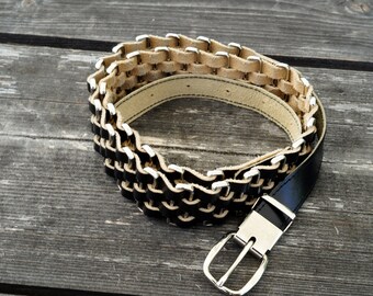Vintage 70s Braided Black Leather Belt: Boho Waist Belt (107  display picture 1