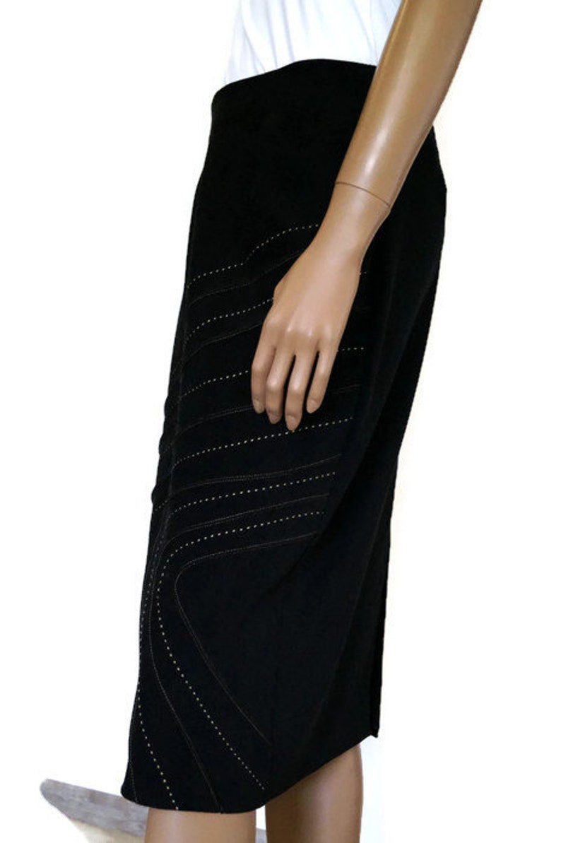 Vintage Black pencil skirt with golden thread embroidery by NEW LOOK High waist Midi Pencil skirt split on the back. Size 12 Made in U.K