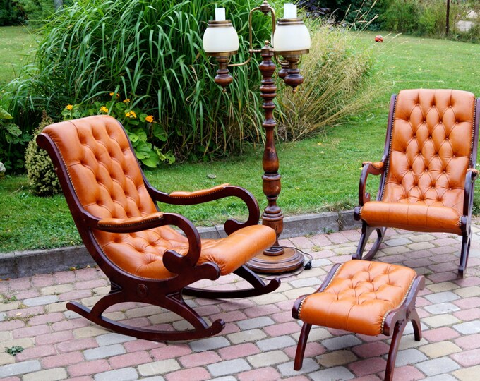Chesterfield Rocking Chair Set. Cognac Color. Old Wood and Natural