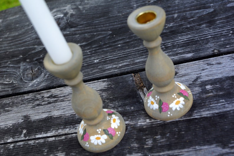 Swedish Vintage Hand carved Wood Candle Holders Set of 2 colored wooden Candlesticks Traditional Wood Candleholders Scandinavian Home Deco