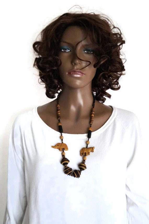 Vintage handmade wood beads necklace with wooden … - image 1