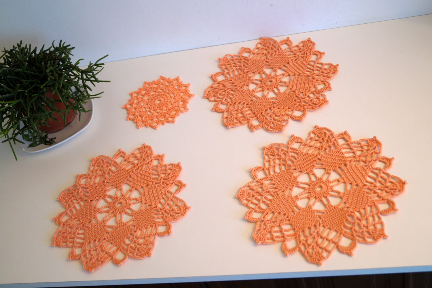 Vintage doilies set. Hand Crocheted Baby Pink doilies set of 4 Etsy