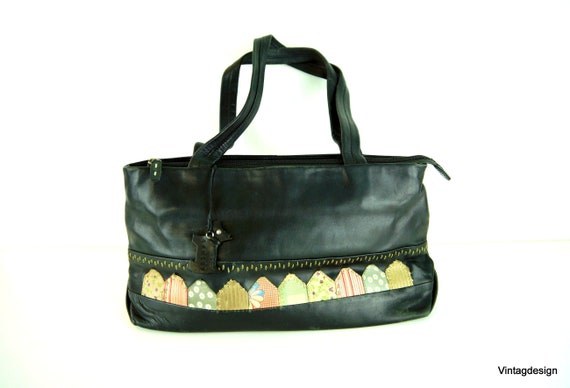 Vintage Black Leather Handbag: 80s Retro Womens Bag