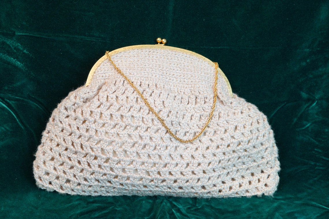 Vintage Crocheted Handbag: Handmade Beige Tote Bag, foto 3 di 5