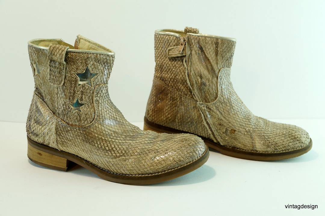 Metallic Gold Stone Pattern Leather Ankle Boots