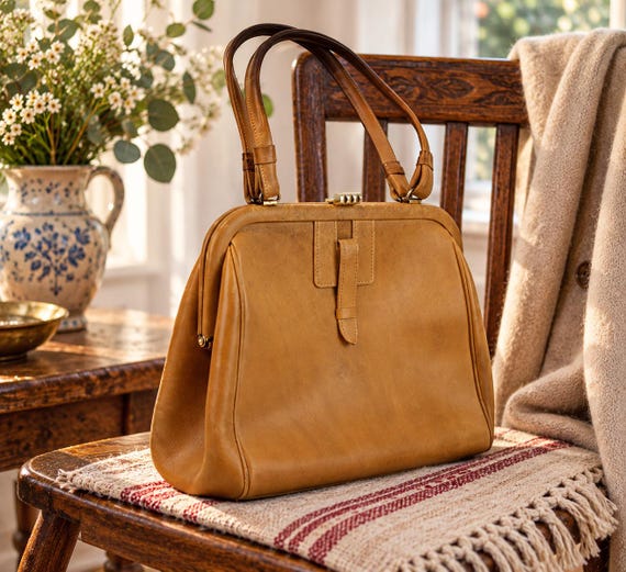 Vintage Brown Leather Handbag: Principles Grab Bag, Two-Handle Tote